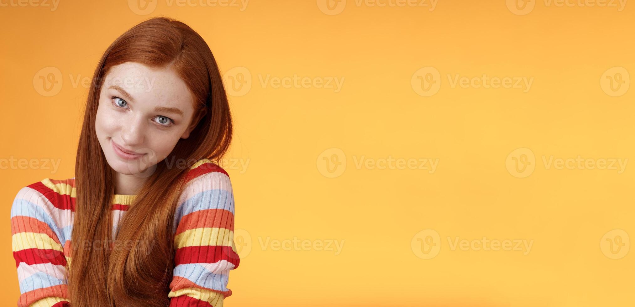 Flirty clingy redhead cute girlfriend making coquettish kind gentle gazes wanna get advantage asking buy something boyfriend look from under forehead tender feminine silly glancing camera photo