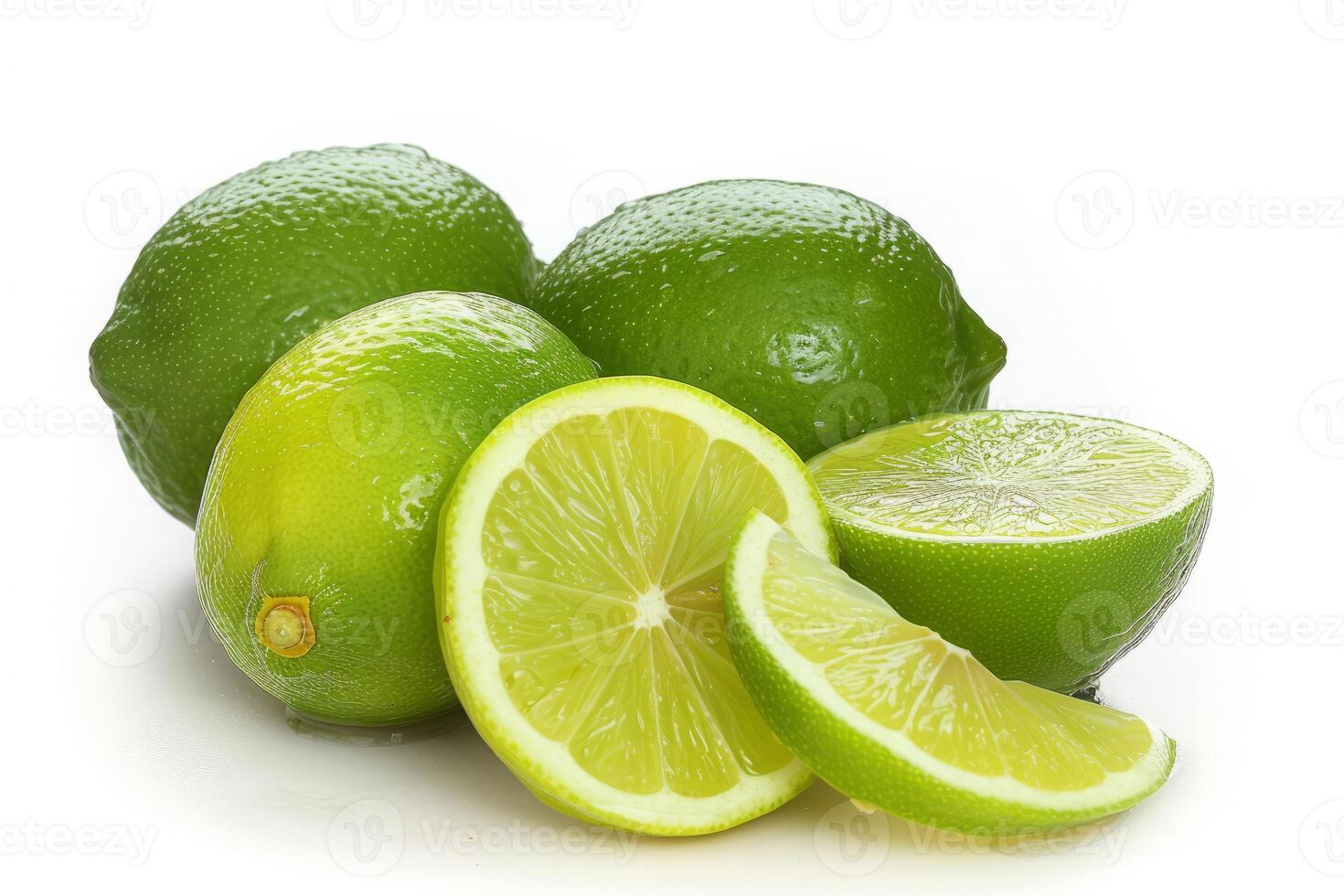 AI generated Green lime with cut in half and slices isolated on white background photo