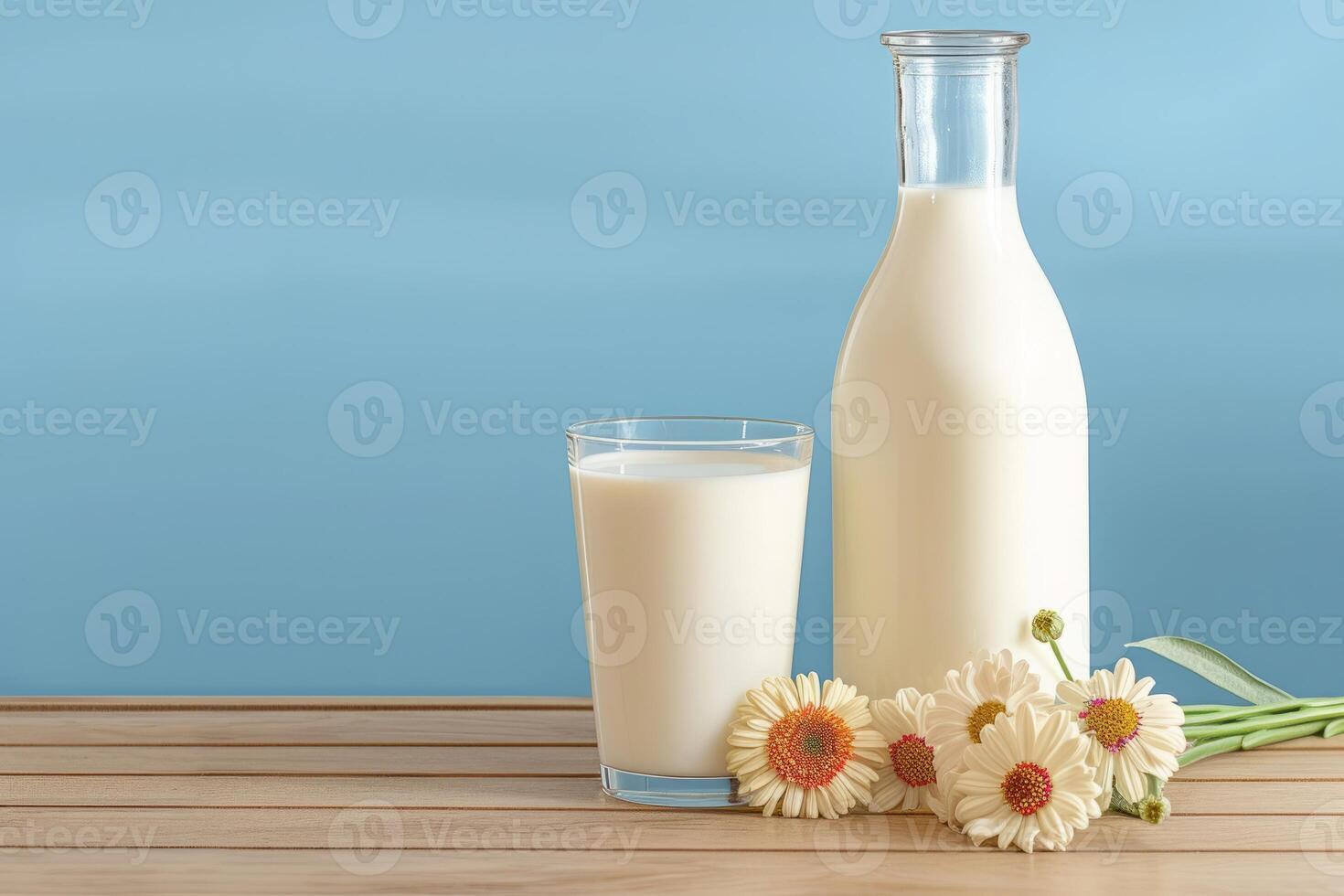 AI generated A Glass and Bottle of Milk Grace a Wooden Table, Creating a Wholesome Scene Against a Light Blue Background photo