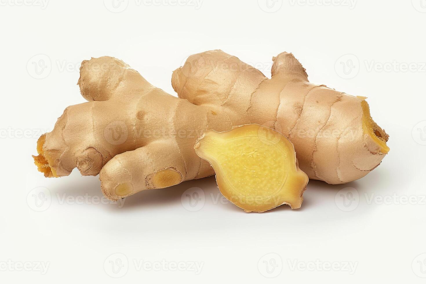 AI generated A Close-Up View of Ginger Rhizome, Expertly Sliced and Isolated on a Clean White Background photo