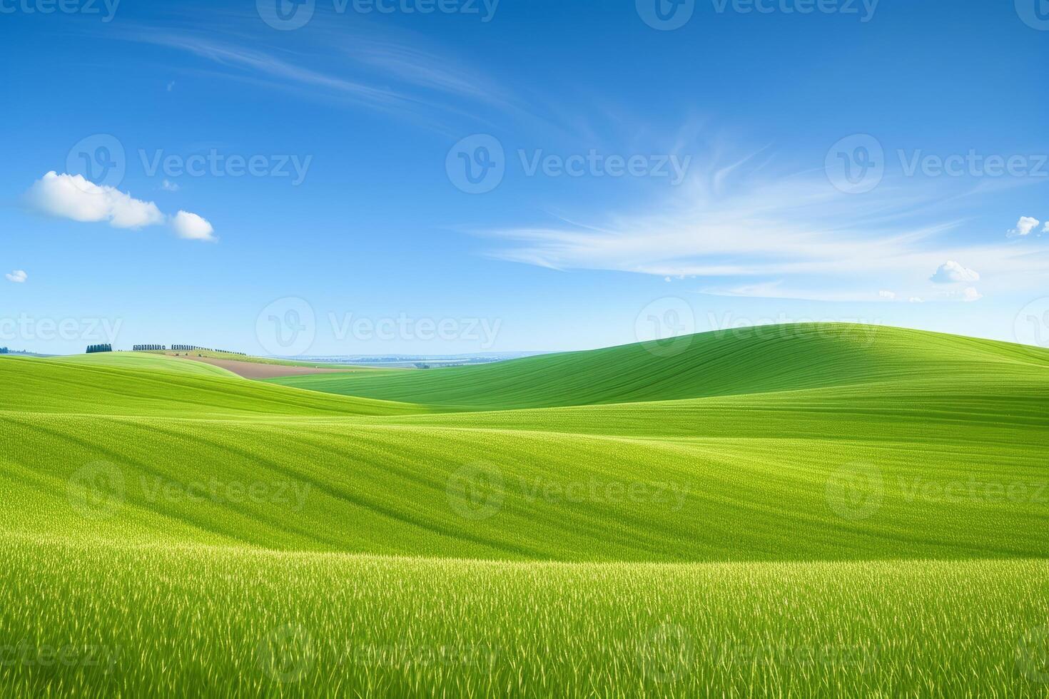 AI generated Captivating Landscape Showcases a Verdant Slope Enveloped in Rich Green Grass, Beneath a Expansive Canopy of Blue Sky and Delicate Clouds photo