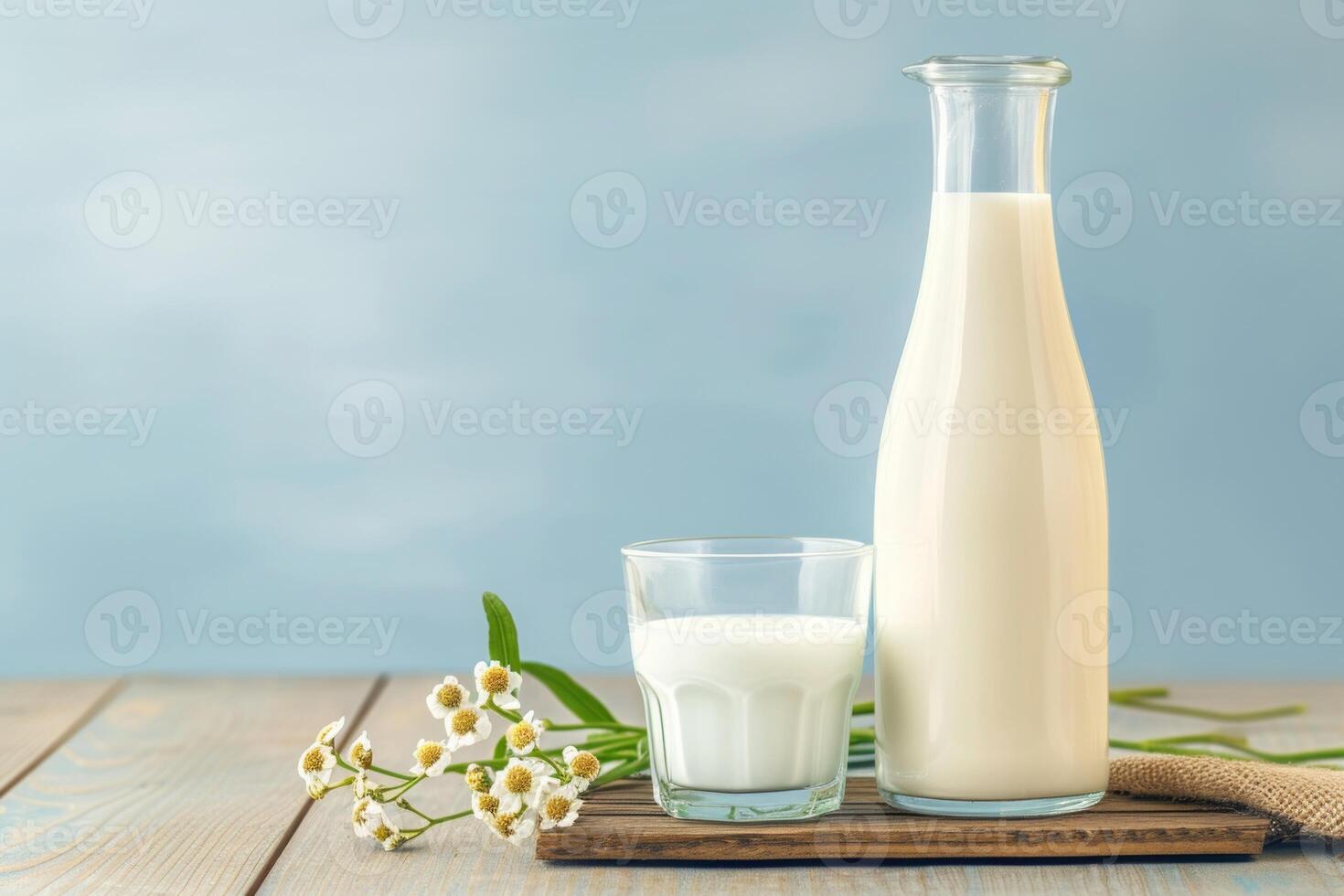 AI generated A Glass and Bottle of Fresh Milk Reside on a Wooden Table, Set Against a Light Blue Background photo