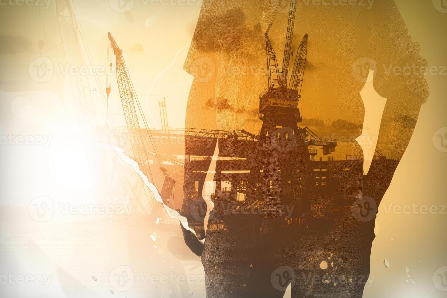 AI generated Celebrating Labor Day with a Double Exposure Image, Portraying a Worker Holding a Tool Against the Twilight Sky photo