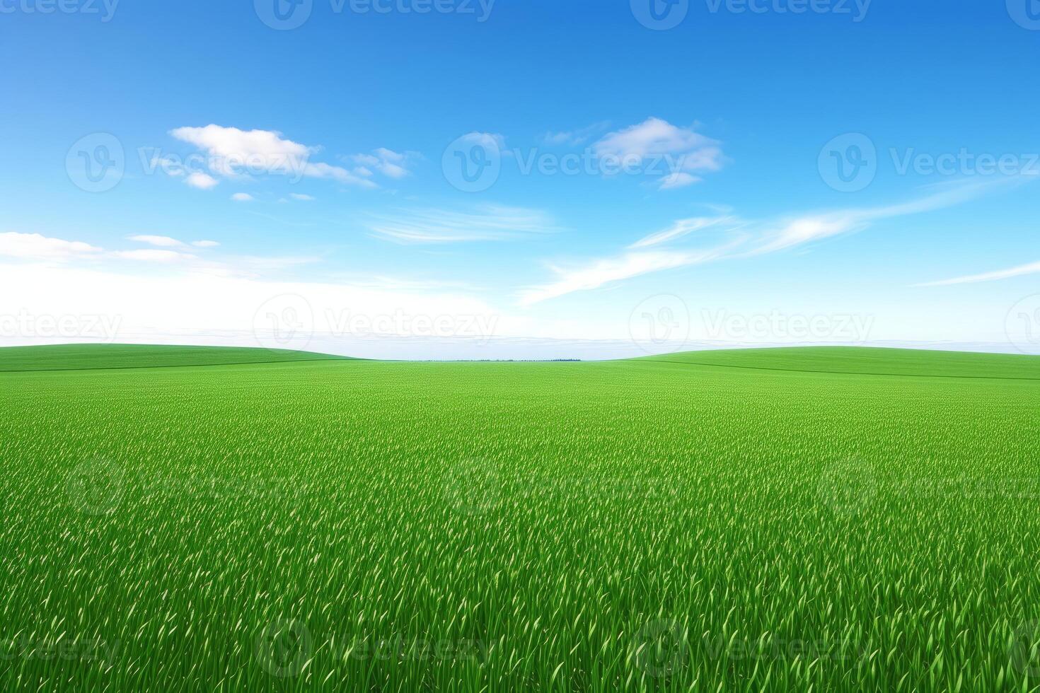 ai generado paisaje ver de verde césped en Pendiente con azul cielo y nubes antecedentes foto