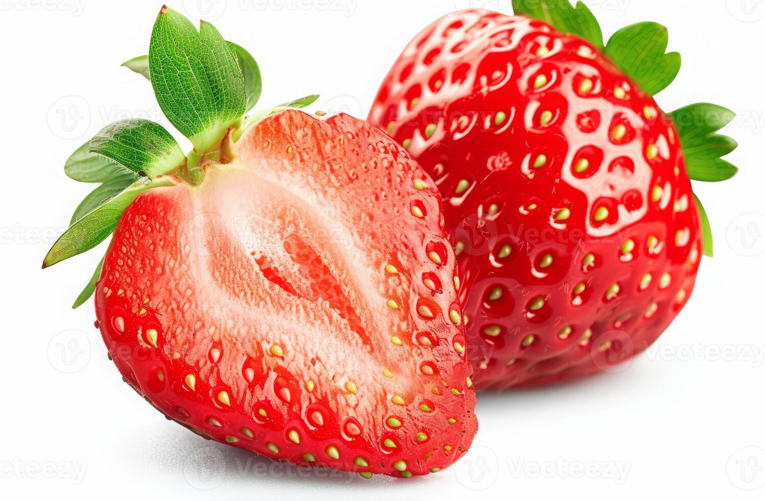 AI generated Juicy Strawberry with half sliced isolated on white background photo