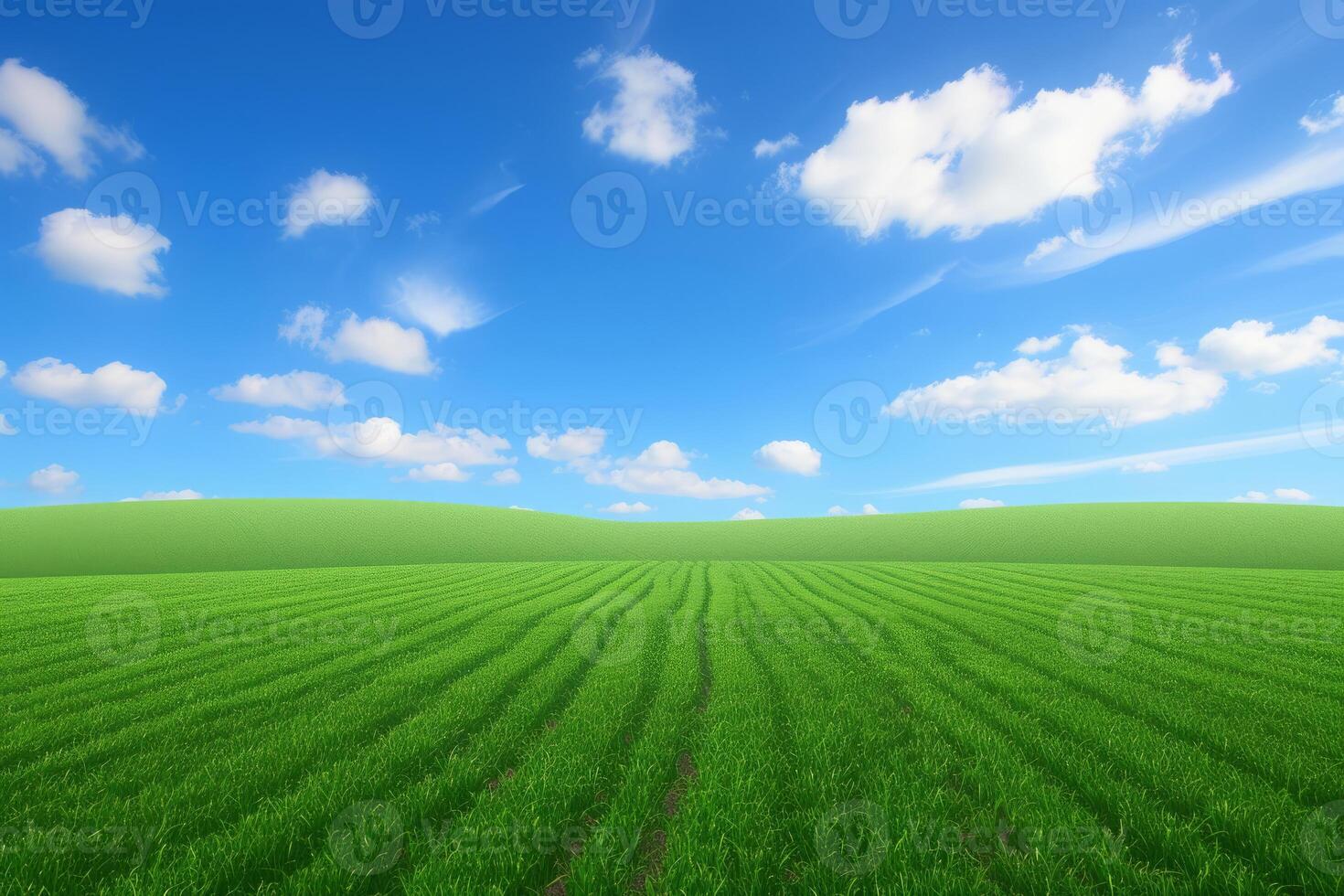 AI generated A Picturesque Landscape Unveils a Gentle Slope Covered in Fresh Green Grass, Set Against a Blissful Canvas of Blue Sky and Clouds photo