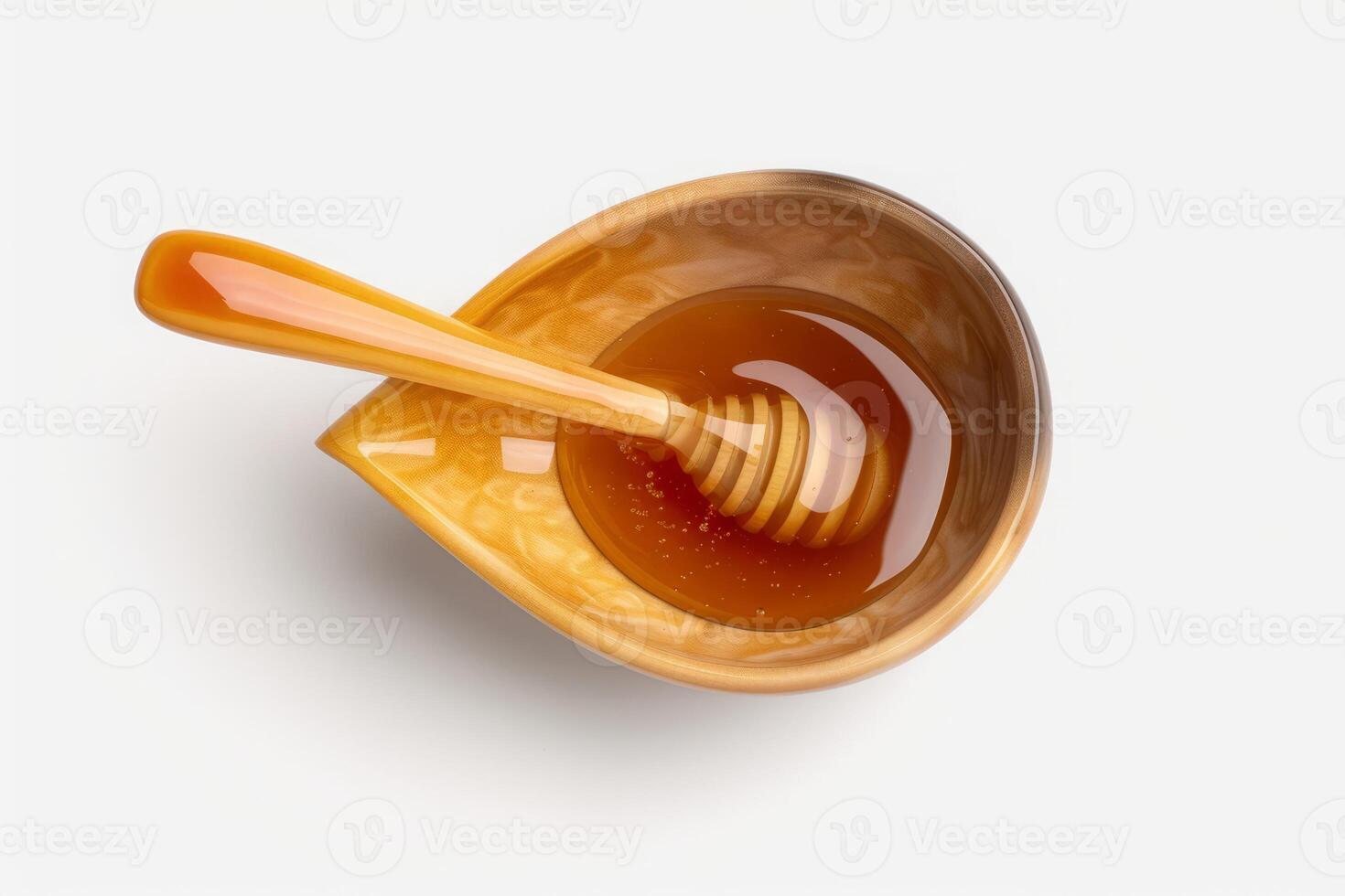 AI generated A Flat Lay top view View Showcasing a Glass Bowl of Pure Honey, Adorned with a Honey Dipper, Creating an Alluring Composition Isolated on a Clean White Background photo
