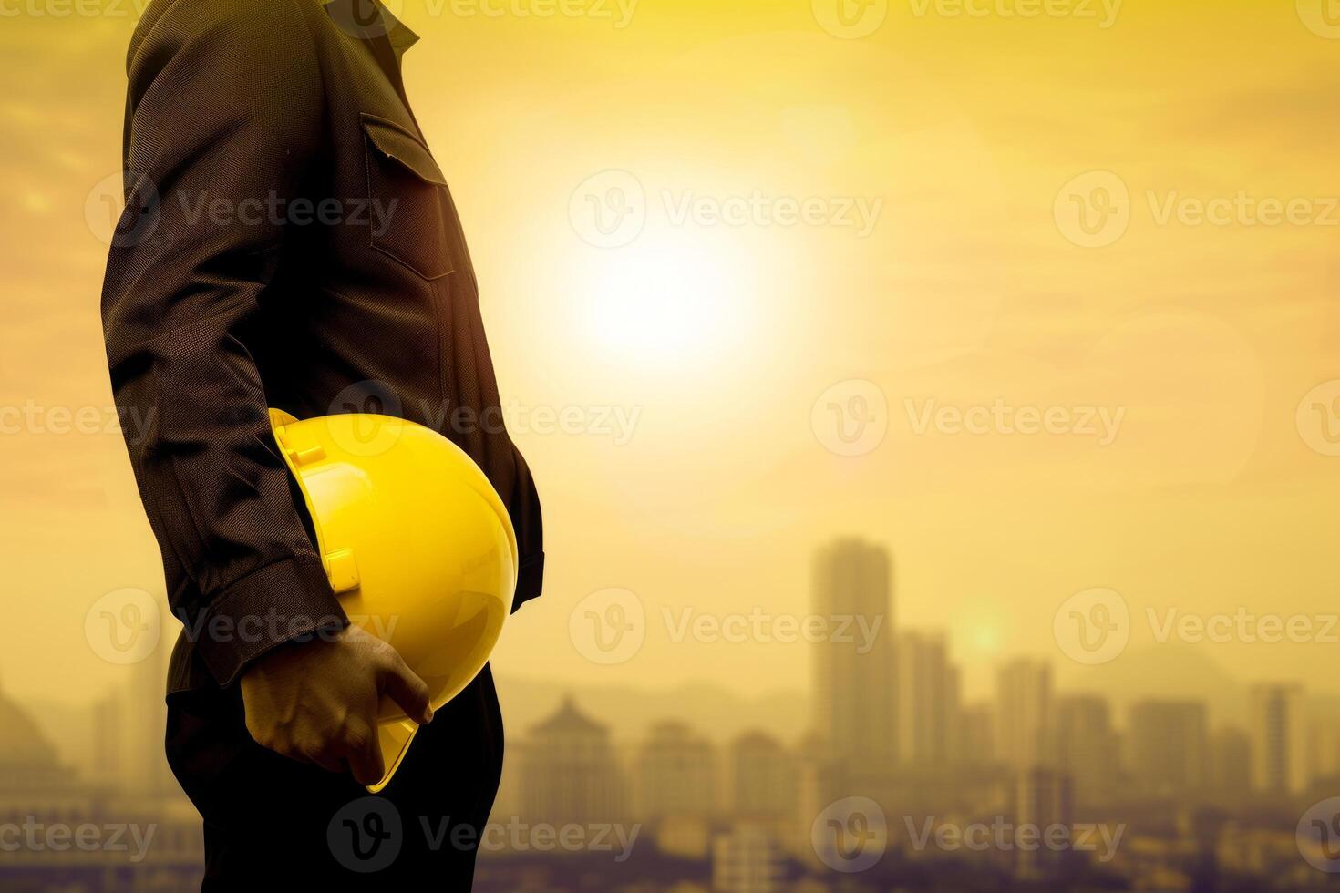 AI generated A Symbolic Gesture as an Engineer Holds a Yellow Plastic Helmet for Workers, Embodying the Spirit of Labor Day and the Ongoing Commitment to Ensuring Safety photo