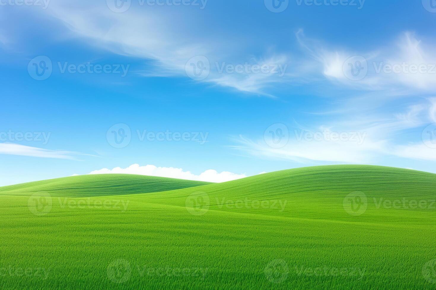 AI generated A Landscape View Showcasing a Sloping Meadow Covered in Lush Green Grass, Underneath a Beautiful Blue Sky Adorned with Puffy White Clouds photo