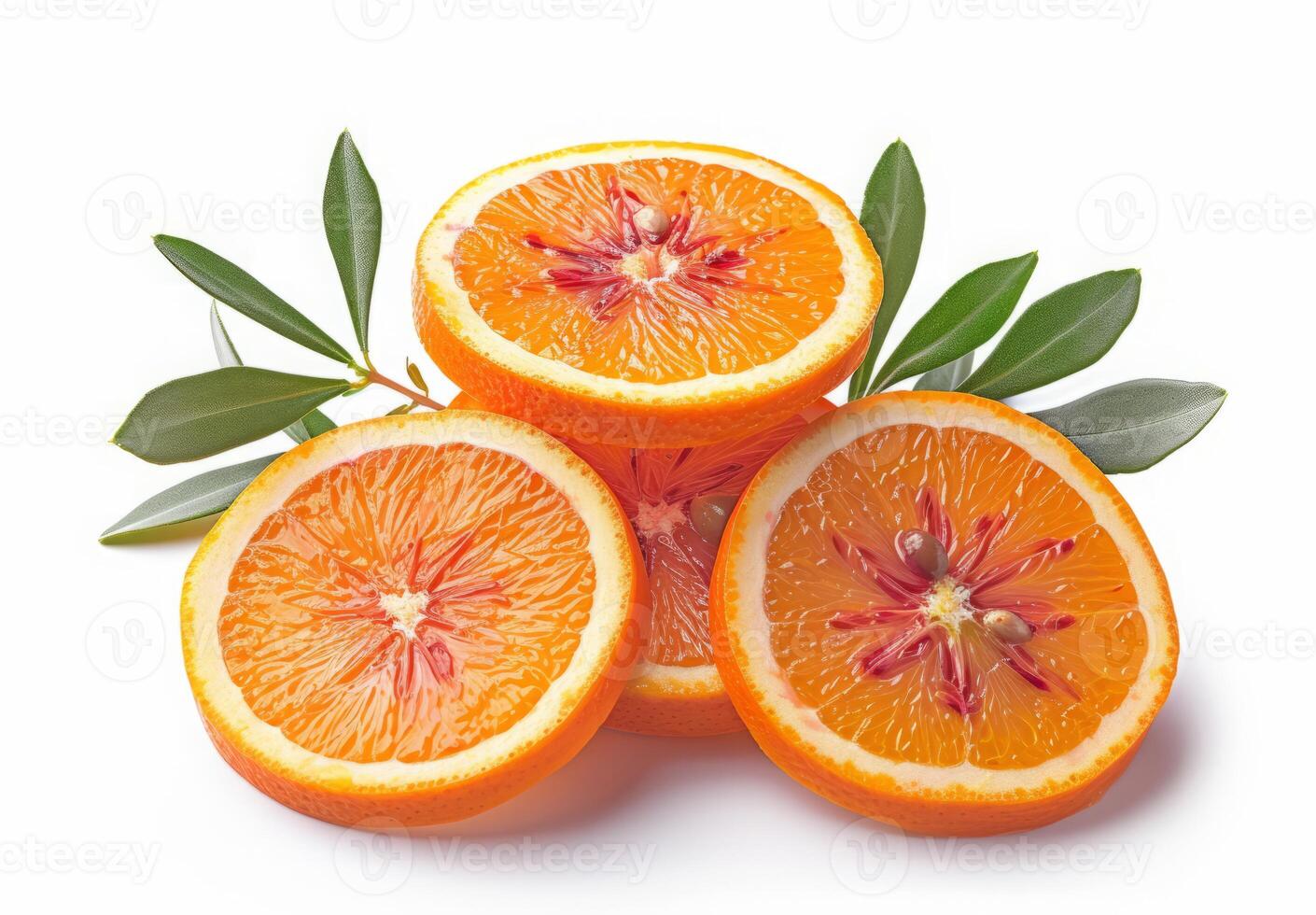 AI generated A Halved Orange, Enhanced by Graceful Green Leaves, Commands Attention in Isolation Against a Clean White Background photo