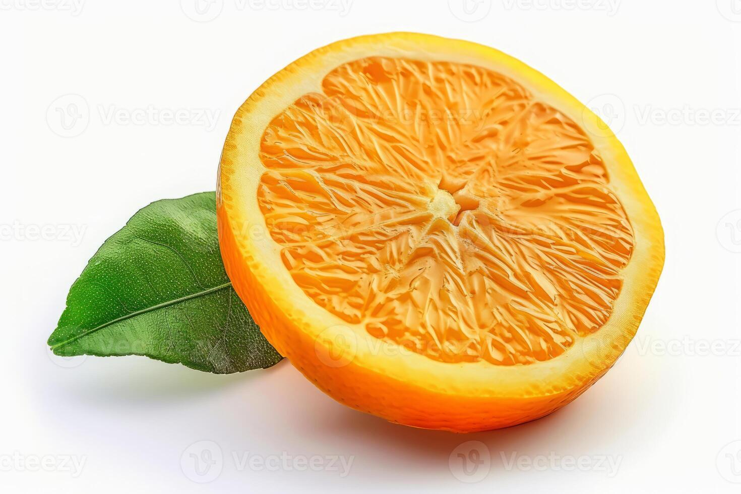 AI generated An Orange, Artfully Cut in Half and Adorned with Green Leaves, Graces the Scene in Isolation Against a Crisp White Background photo