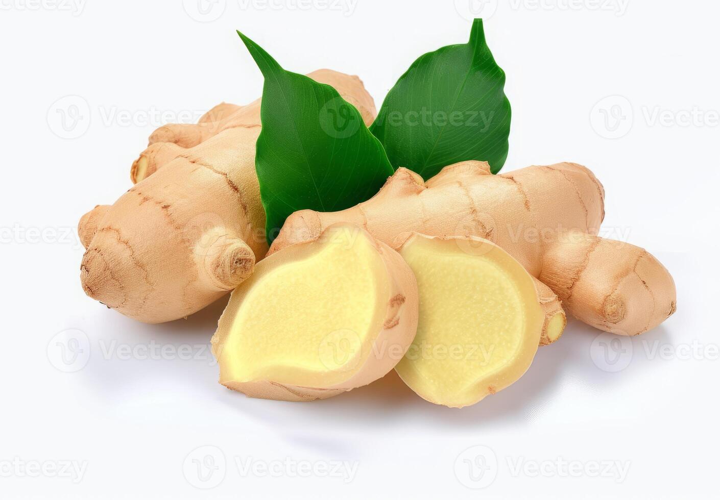 AI generated Fresh ginger rhizome with sliced and green leaves isolated on white background photo