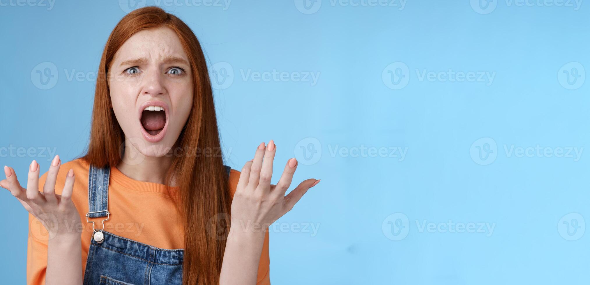 Outraged freak-out girlfriend shouting confused full disbelief raising hands dismay shrugging complaining arguing feel heartbroken reacting displeased outraged boyfriend cheated, break-up painfully photo