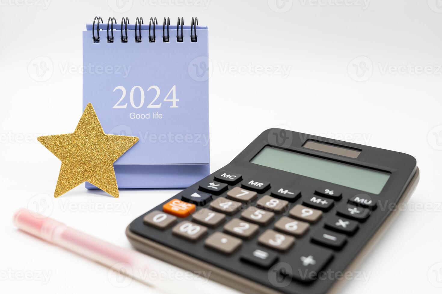 Financial, plan for money saving. Piggy bank, Calculator and 2024 desk calendar isolated on white background. Goals, Plan, Action, Money Saving, Retirement fund, Pension, Investment concept. photo