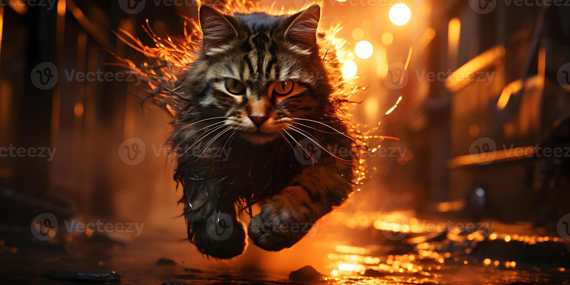 AI generated Cat Running on Wet Road with Water Splashing. Generative Ai photo