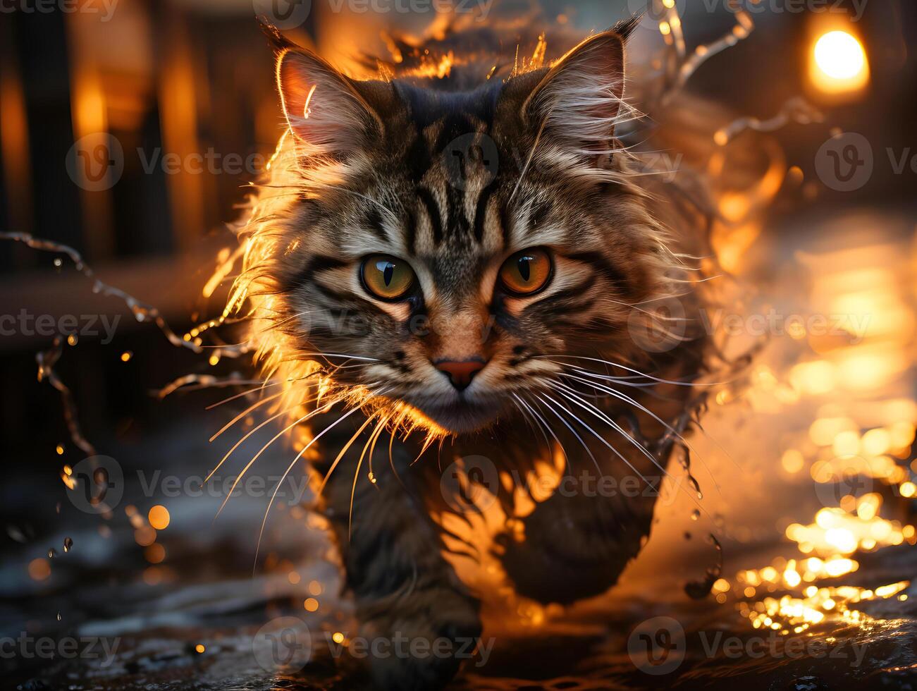 AI generated Cat Running on Wet Road with Water Splashing. Generative Ai photo