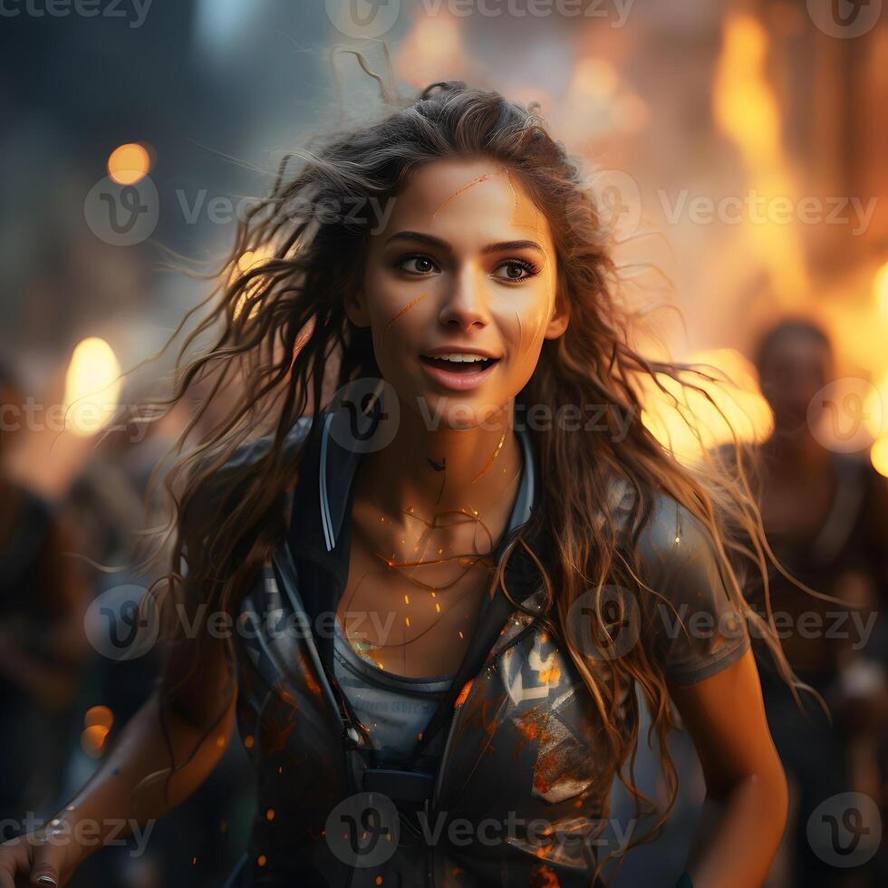 AI generated A Female Athlete Runs on a Track with Energetic Light Effects Behind. Women in Marathon. Generative Ai photo