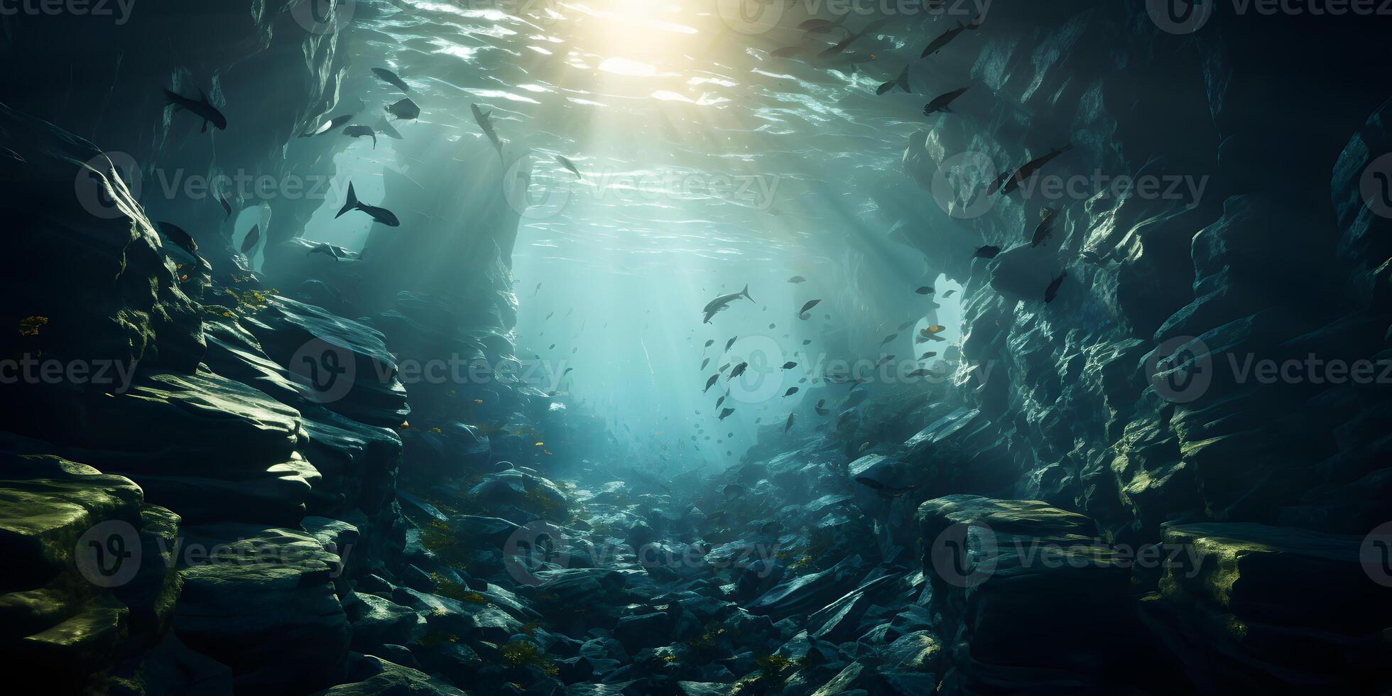 AI generated Deep and Dark Ocean with Sun Rays Reaching the Rocky Seabed. Underwater Scene. Generative Ai photo