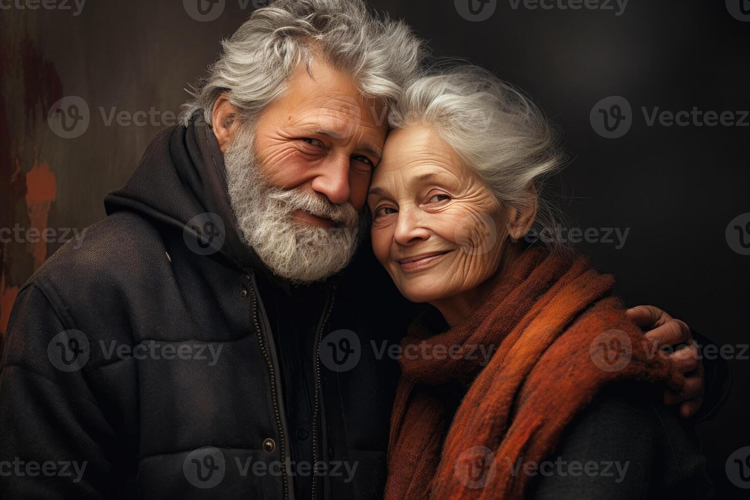 AI generated An older man and woman embracing on dark background photo