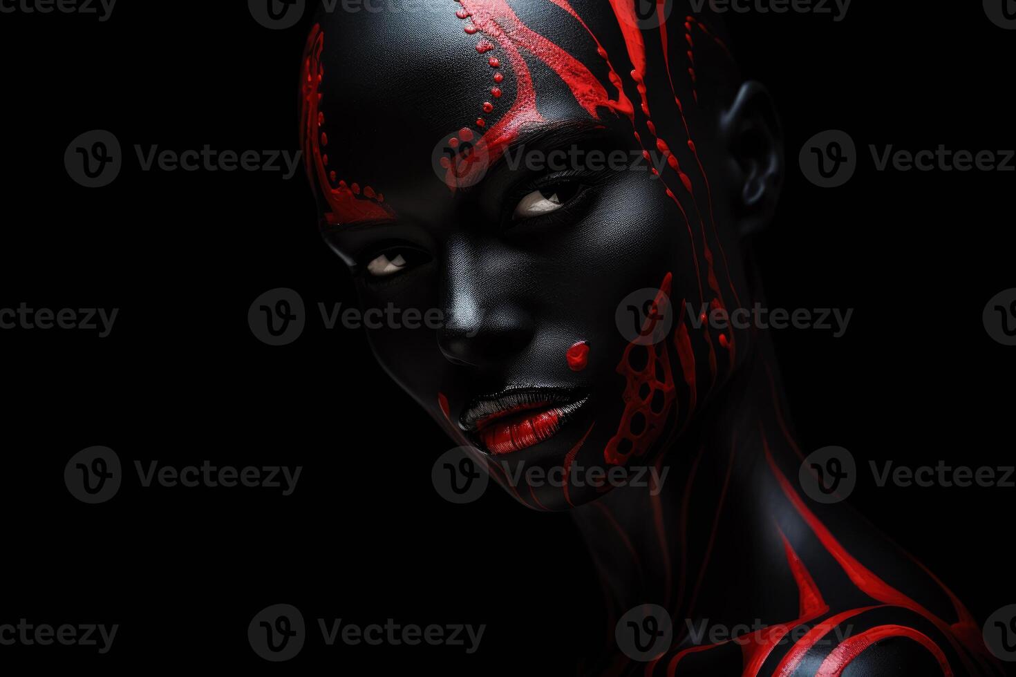 AI generated Art makeup in black and red colour for goth model. photo