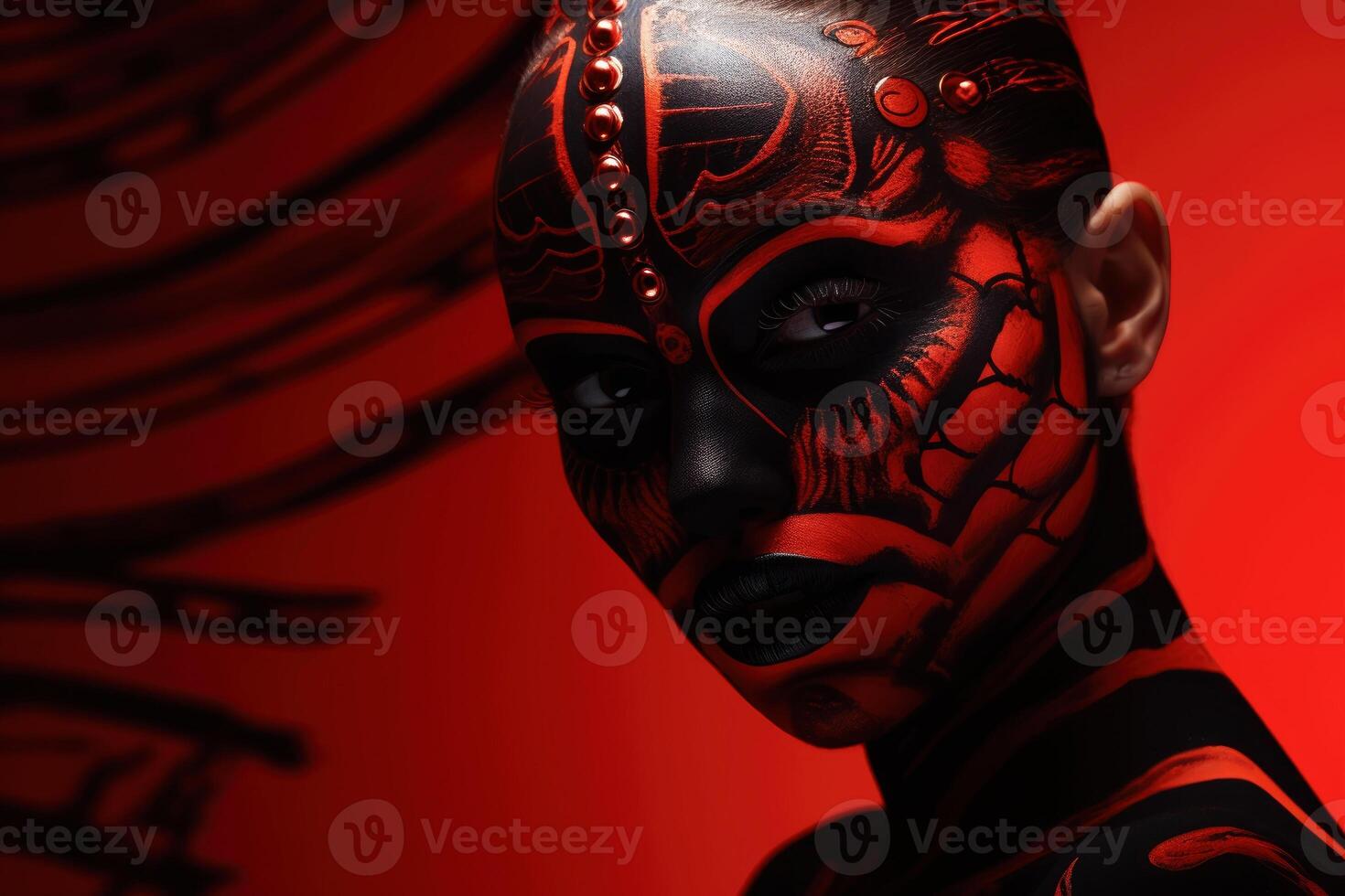 AI generated Art makeup in black and red colour for goth model. photo