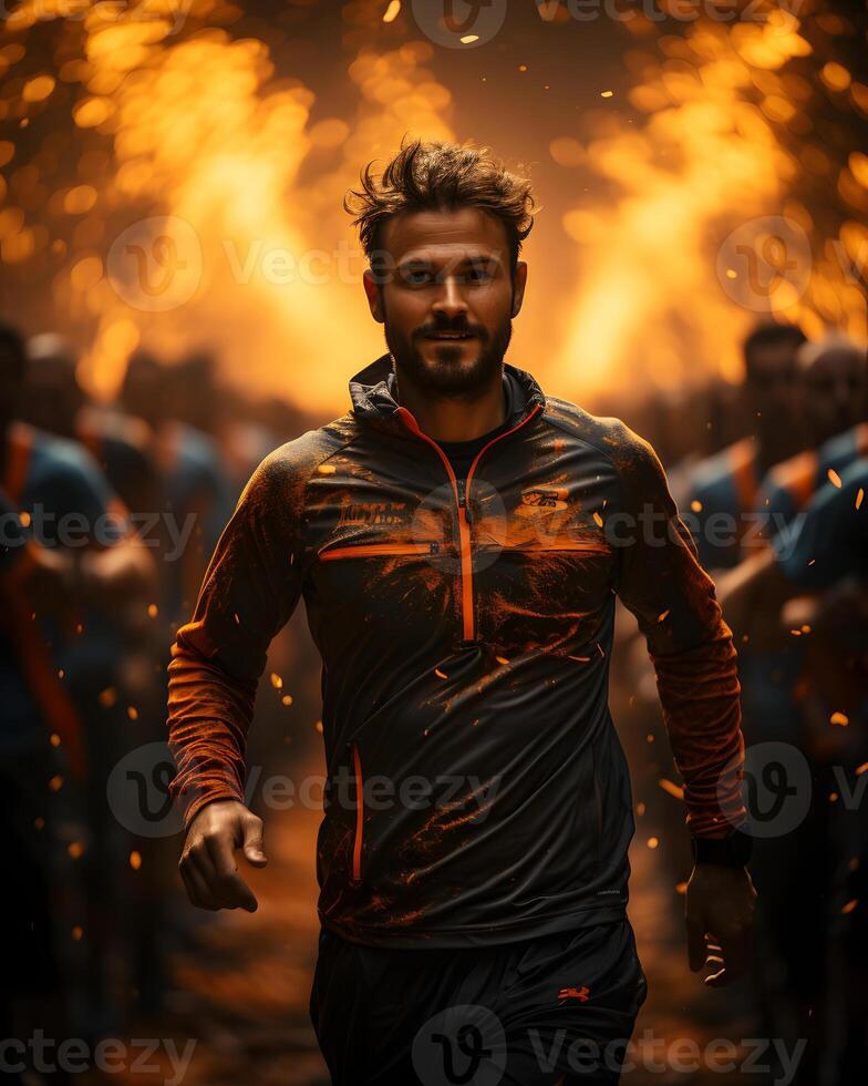 AI generated An Athlete Runs on a Track with Energetic Fire Effect Behind. Generative Ai photo