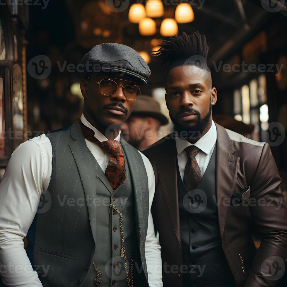 ai generado retrato de masculino africano americano hombre en Clásico ropa. gángster grupo en 1920. generativo ai foto