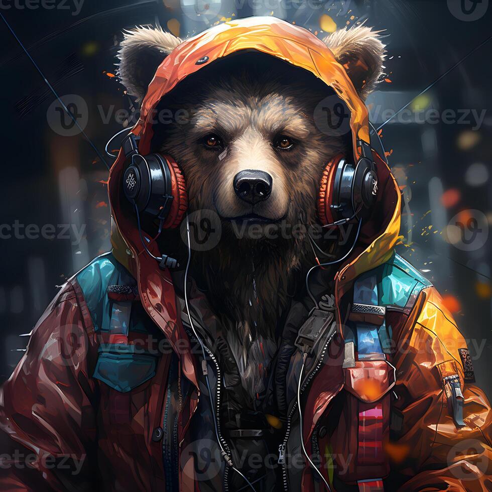 ai generado cyberpunk oso vistiendo chaqueta y auriculares. frio oso ilustración. generativo ai foto