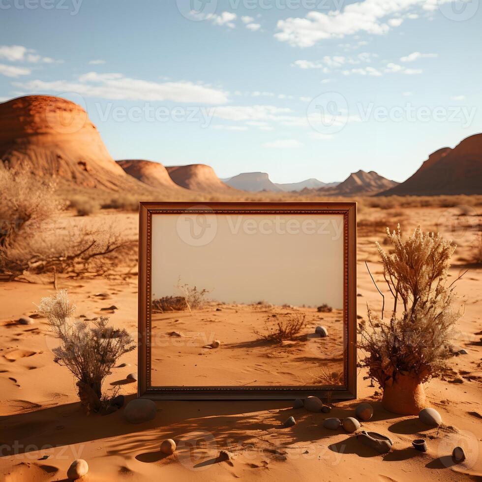 AI generated A Mirror in the Desert with Panoramic Landscape Background and Sand Dunes. Abstract Surreal Concept. Generative Ai photo