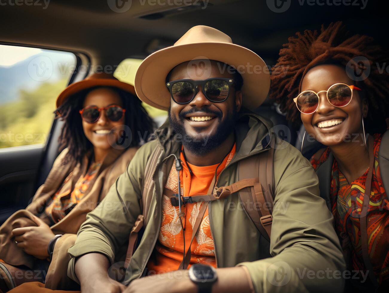 ai generado grupo de contento africano amigos de viaje por coche. generativo ai foto