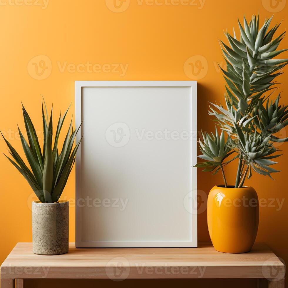 AI generated Blank Photo Frame Mockup on Yellow Wall with Plant Decoration. Empty Poster Frame. Generative Ai