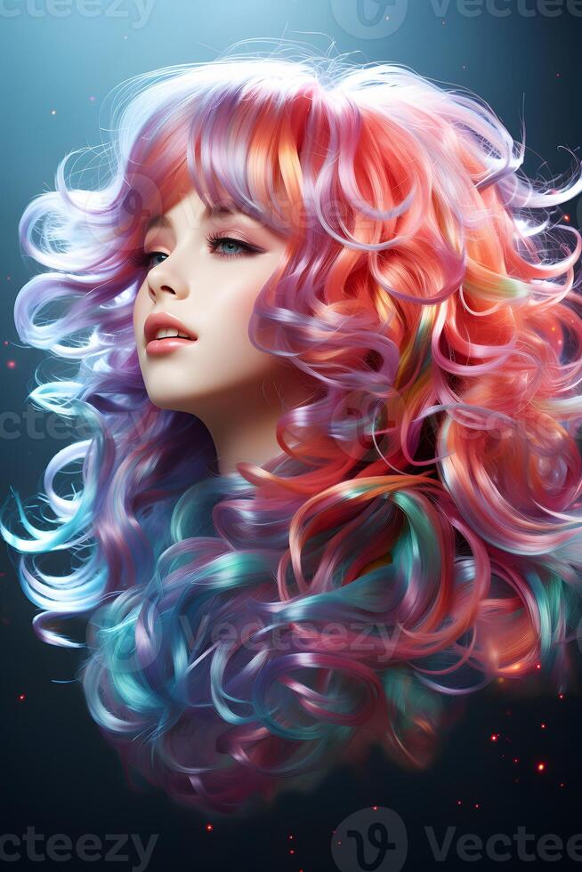AI generated A Woman with Beautiful Colorful Wavy Hair. Generative Ai photo