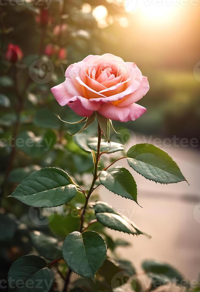 AI generated beautiful pink rose, lovely rose and green leaf for love gift photo