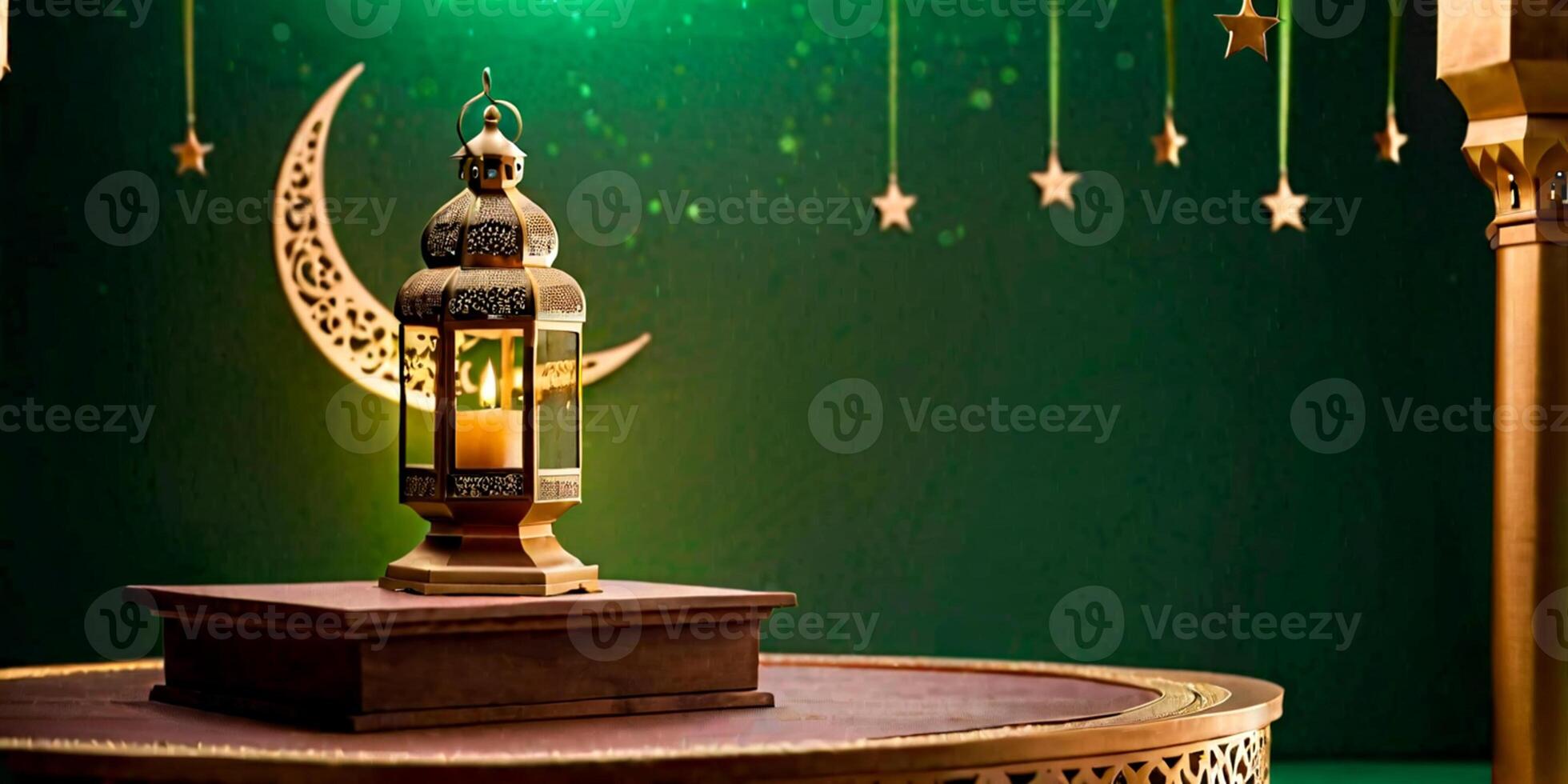 AI generated Ramadan Kareem greeting - islamic muslim holiday background with eid lantern or lamp, half moon with a star photo