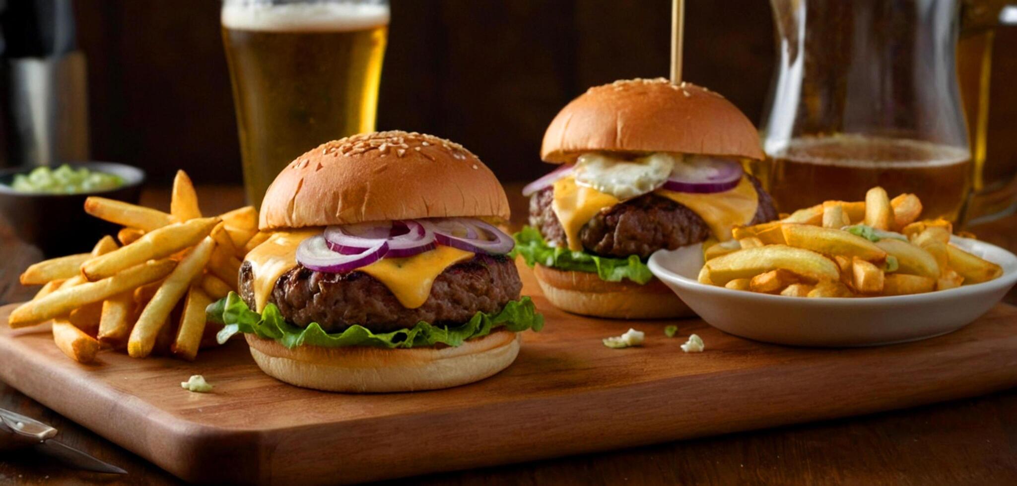 AI generated Tasty Double smash burger with cheese, onion, lettuce, dressing, fries, cold beer on a cutting board photo