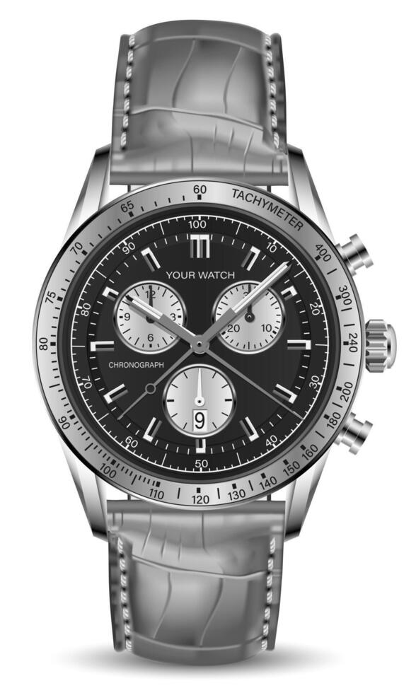realista reloj reloj cronógrafo plata negro cara gris cuero flecha blanco negro número en aislado antecedentes diseño para hombres lujo vector