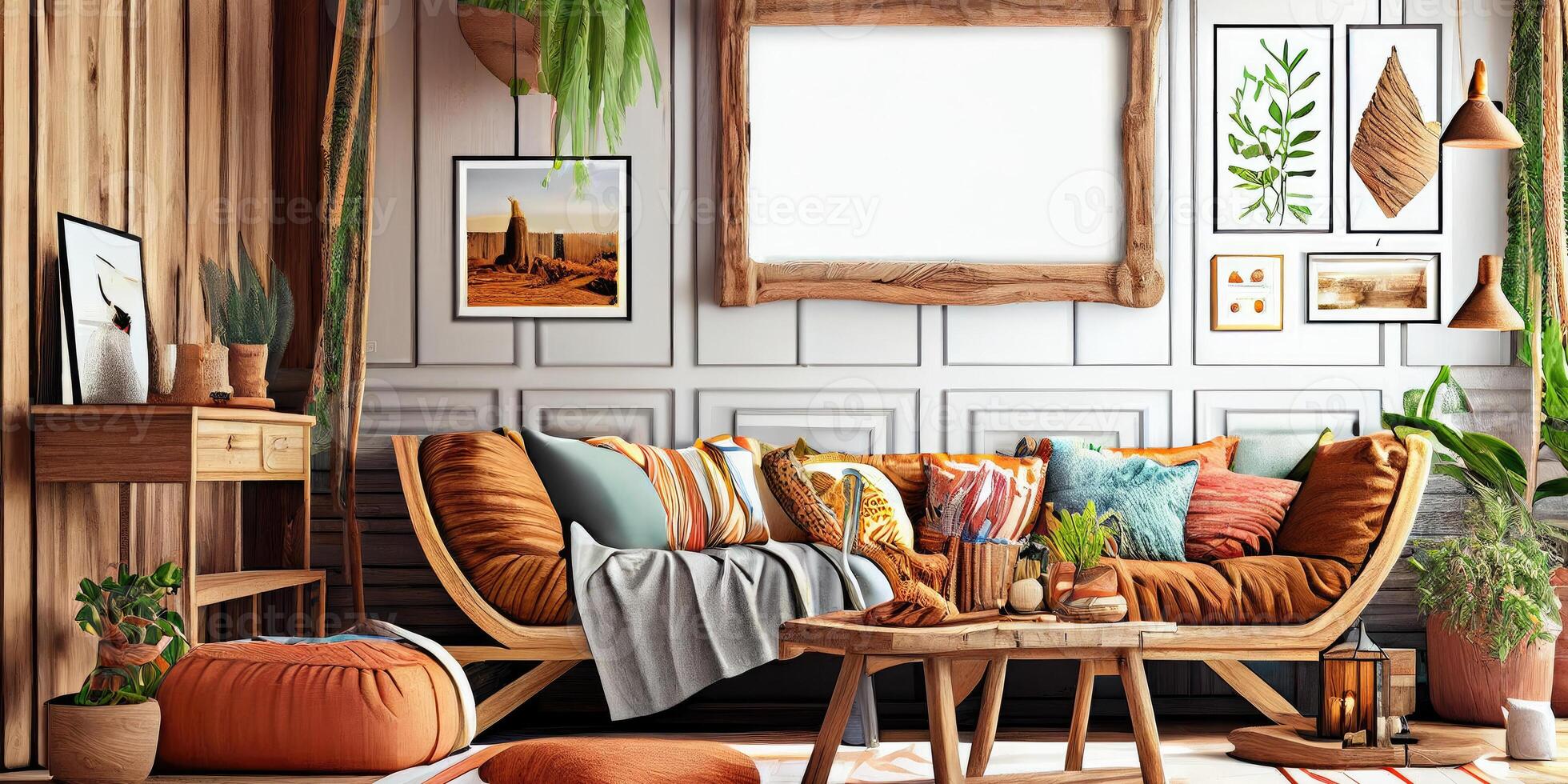 Stylish scandinavian living room with design mint sofa, furnitures, mock up poster map, plants and elegant personal accessories. Modern home decor. Bright and sunny room. Generative AI illustration. photo