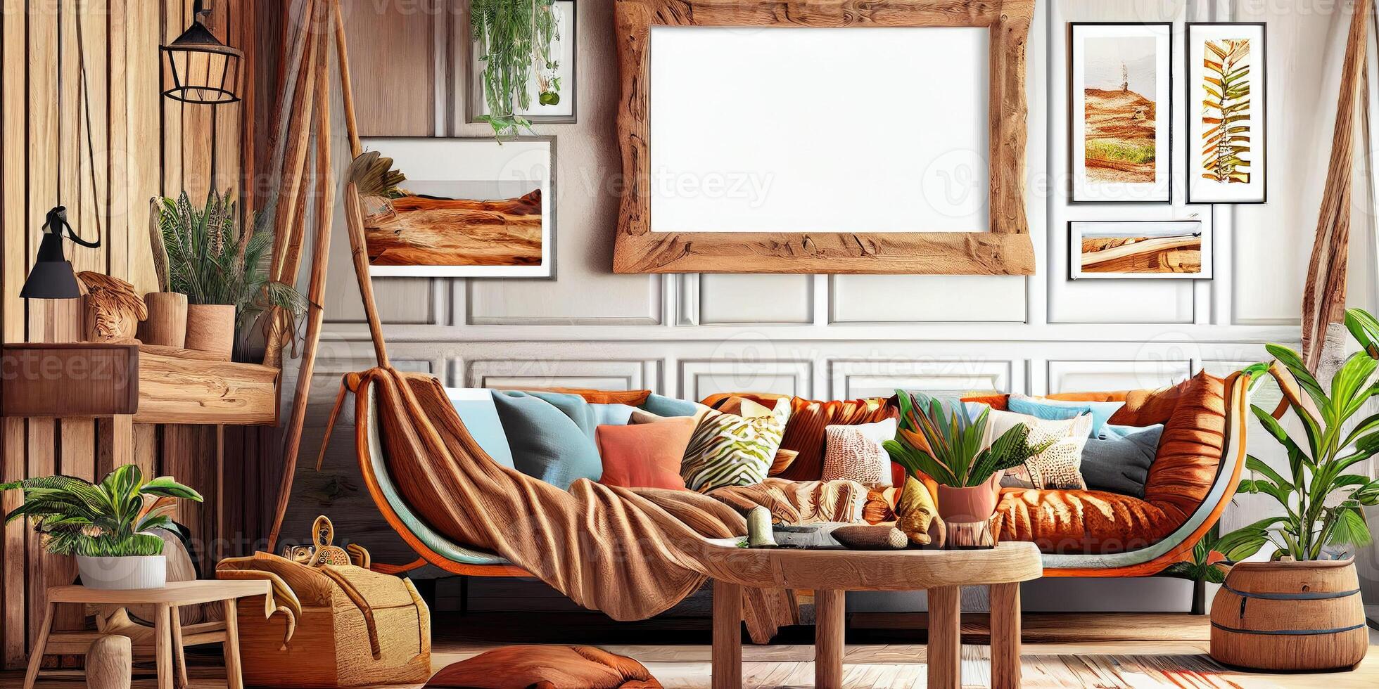 Stylish scandinavian living room with design mint sofa, furnitures, mock up poster map, plants and elegant personal accessories. Modern home decor. Bright and sunny room. Generative AI illustration. photo