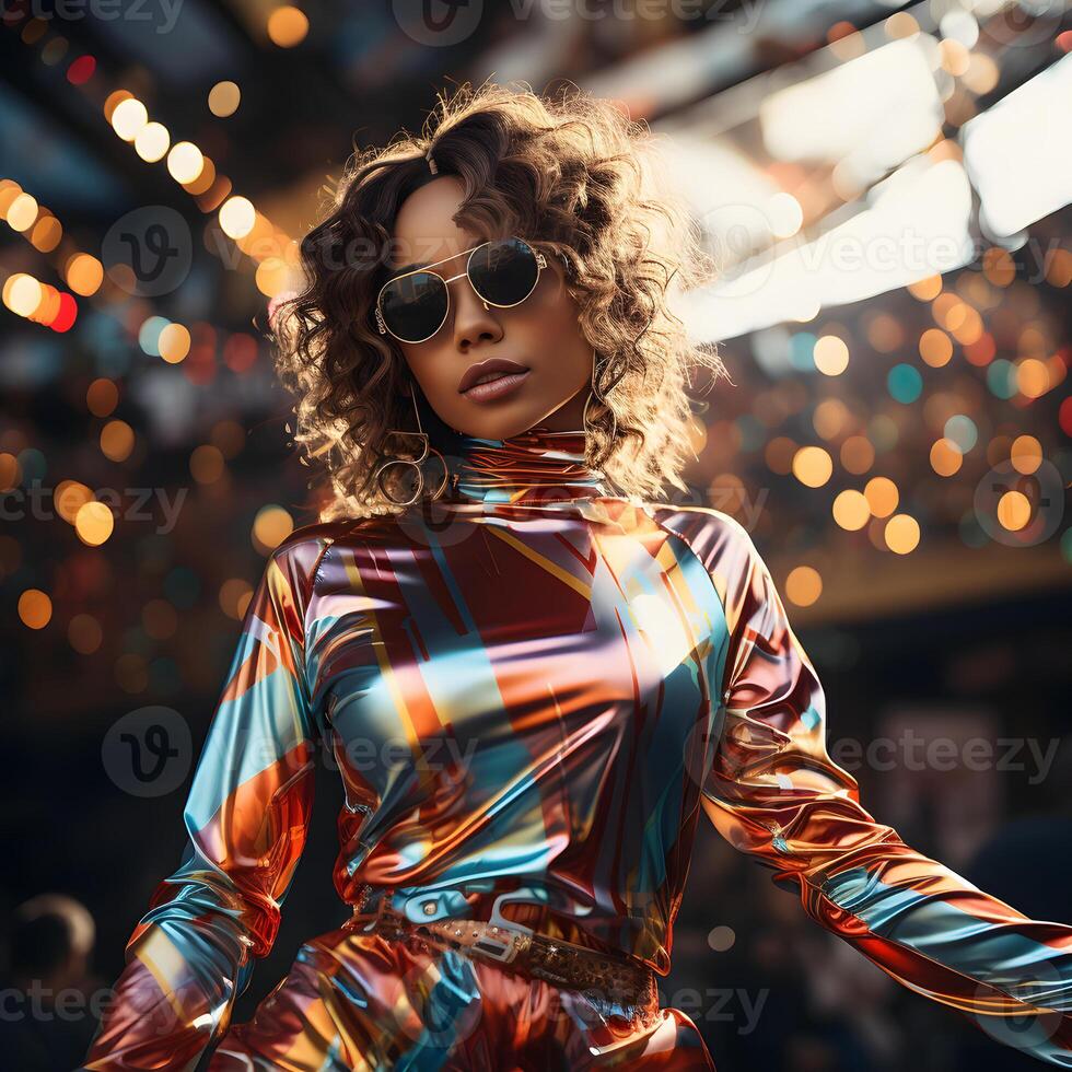 AI generated Woman Dancing on Stage Wearing Colorful Holographic Chrome Dress in Futuristic Retro Fashion Style. 80s Fashion Style. Generative Ai photo