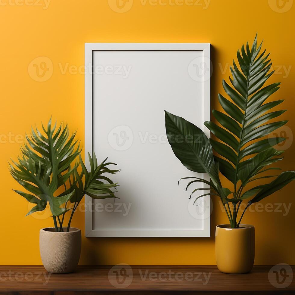 AI generated Blank Photo Frame Mockup on Yellow Wall with Plant Decoration. Empty Poster Frame. Generative Ai