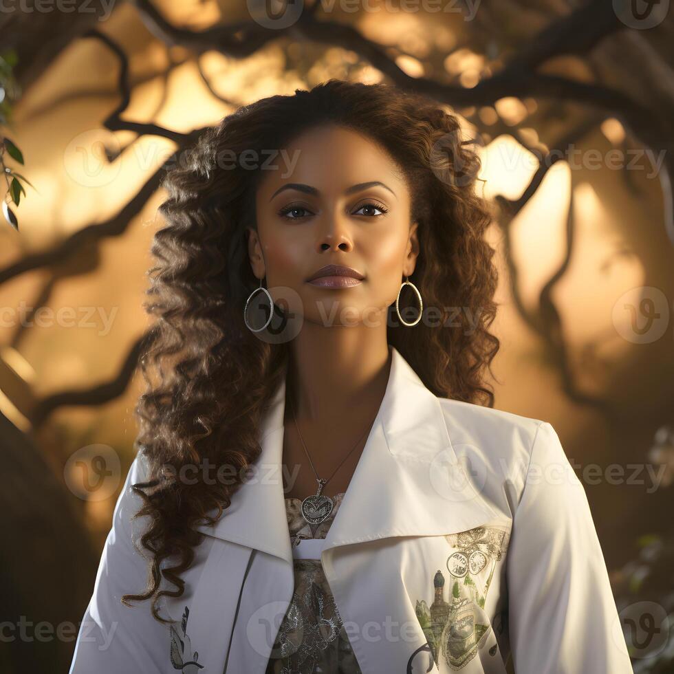 AI generated Portrait of an African Female Doctor in Uniform with Afro Hairstyle against a Tree Branch Background. Generative Ai photo