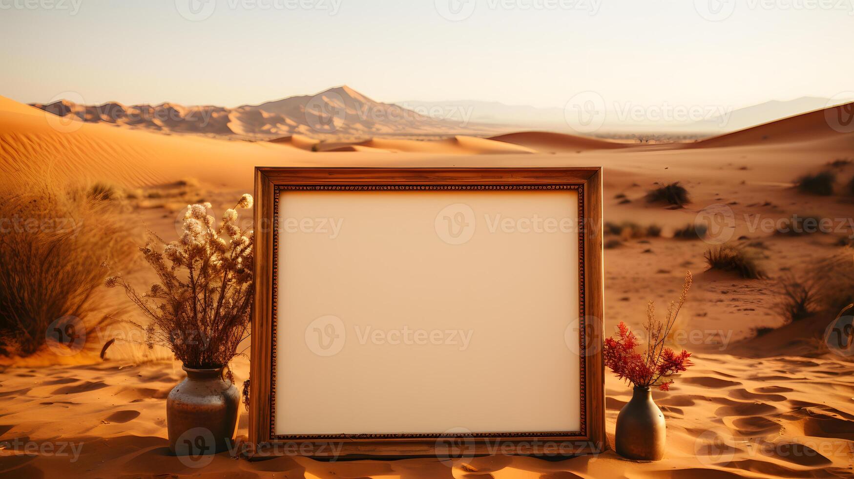 AI generated Empty Wooden Photo Frame in the Desert. Blank Picture Frame Mockup. Generative Ai