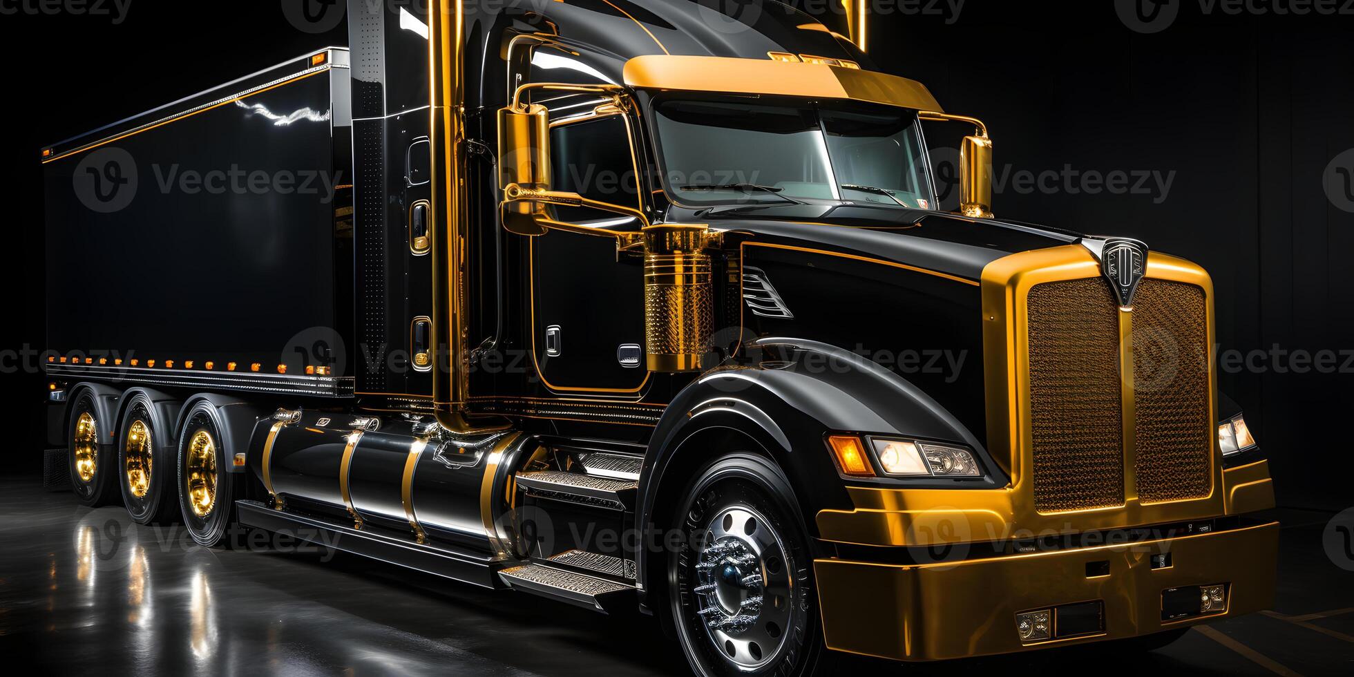 AI generated Luxury Blackk and Gold Semi Truck on Black Background. Cargo Delivery Truck. Generative Ai photo