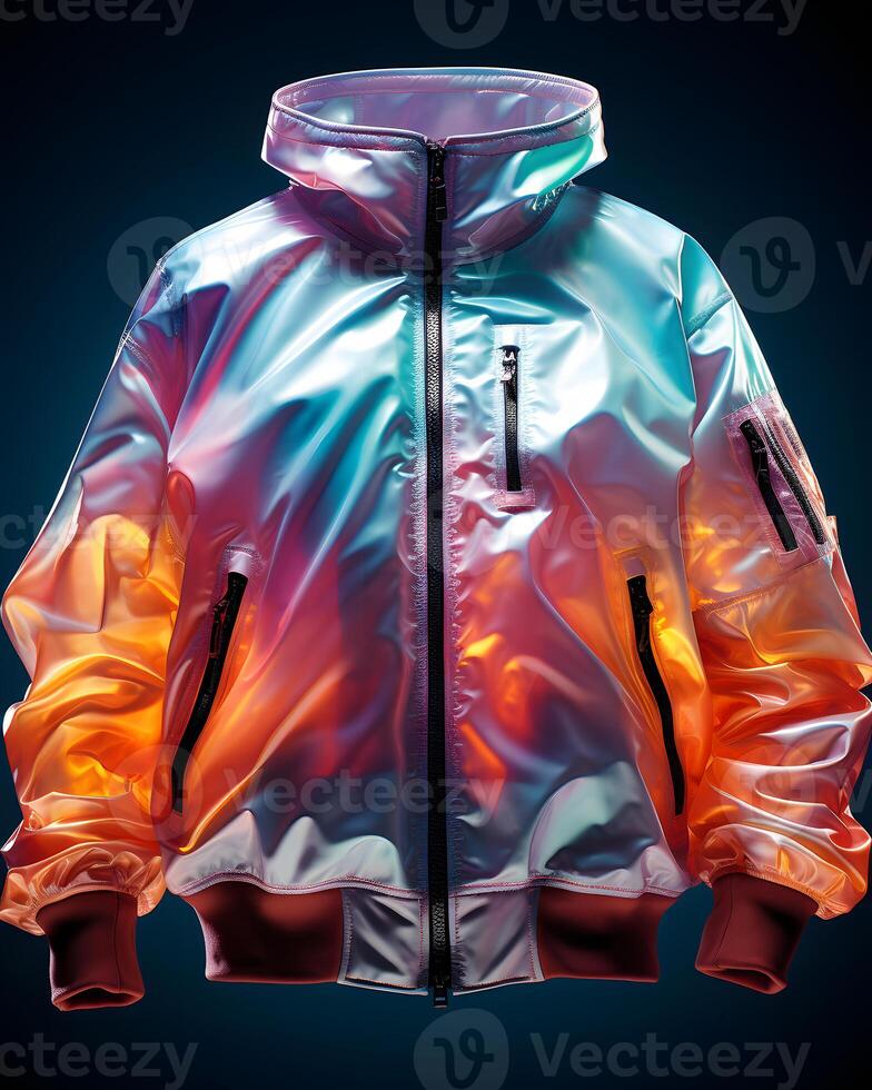 AI generated Colorful Holographic Chrome Jacket. Iridescent Metallic Hoodie. Generative Ai photo