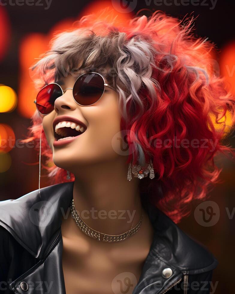 AI generated Smiling Asian Rockstar Woman with Colorful Curly Hair. Model Posing for Photo Shoot. Generative Ai