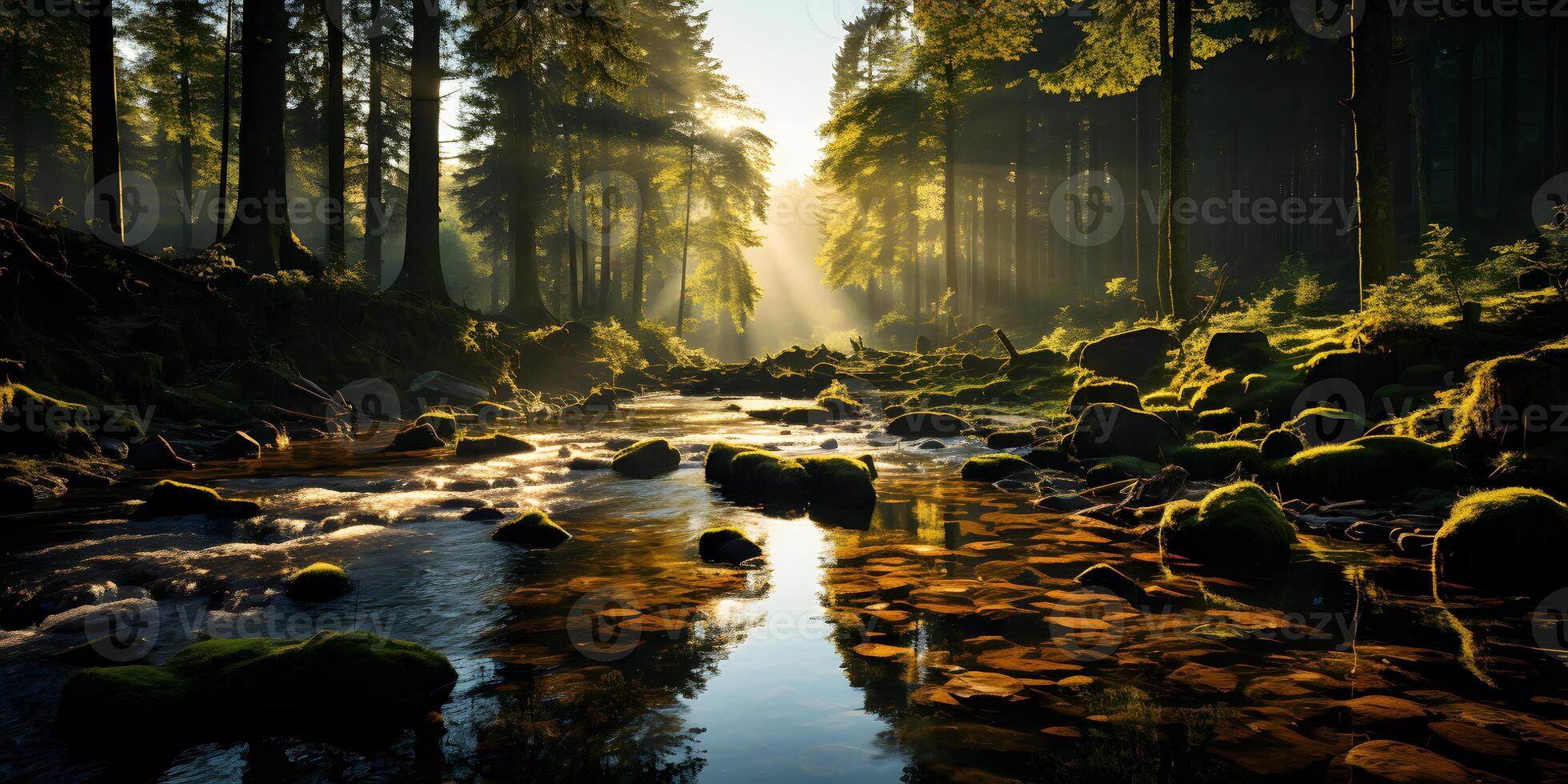 AI generated A Tranquil River in the Middle of the Forest with Penetrating Sunlight. Generative Ai photo