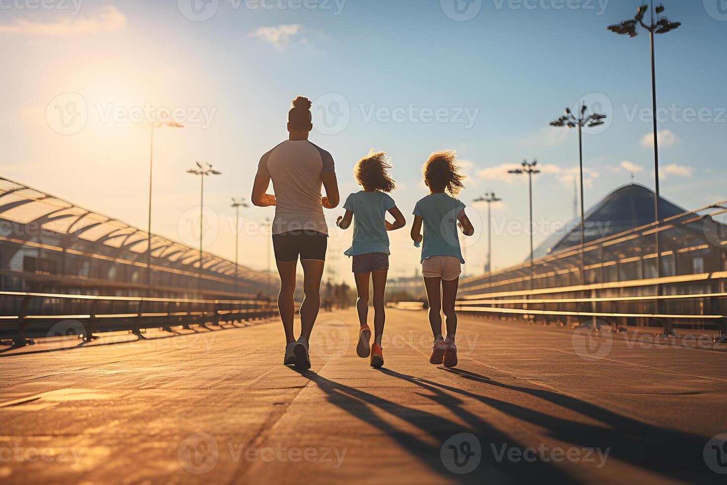 AI generated Happy Family Jogging Together in the Morning. Family Running Outdoors. Generative Ai photo