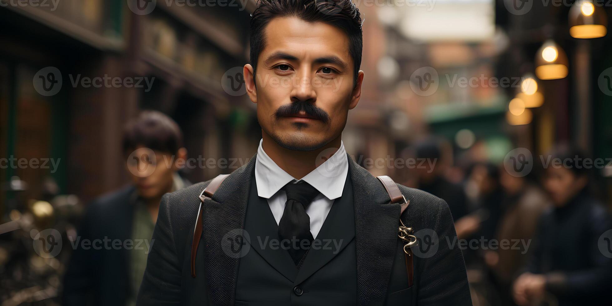 ai generado retrato de masculino asiático hombre en Clásico ropa. gángster grupo en 1920. generativo ai foto