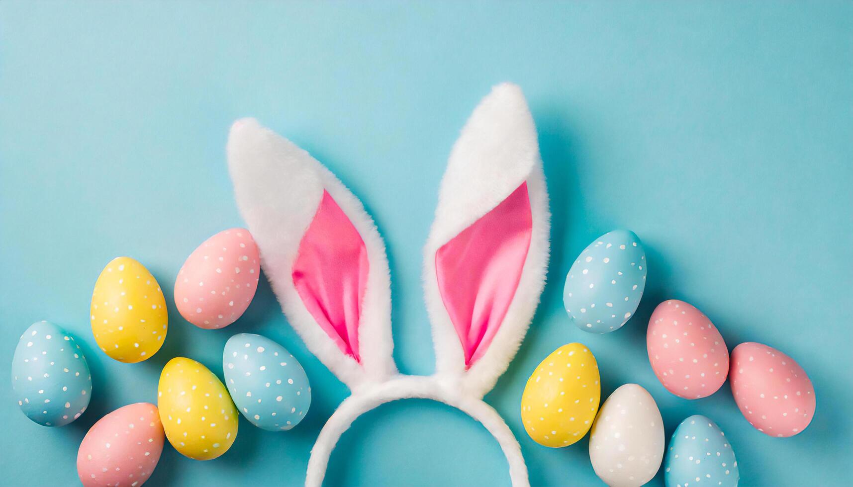 AI generated easter colorful eggs on the pastel blue background photo