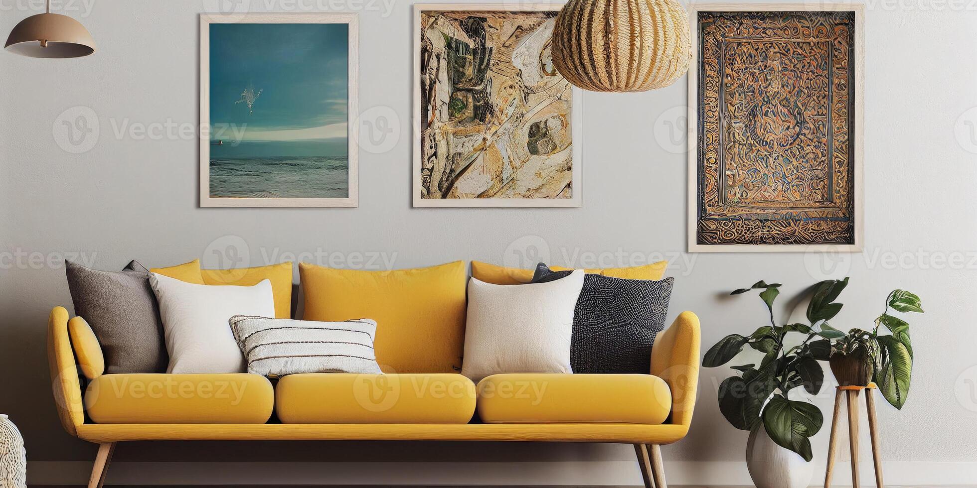 Stylish scandinavian living room with design mint sofa, furnitures, mock up poster map, plants and elegant personal accessories. Modern home decor. Bright and sunny room. Generative AI illustration. photo